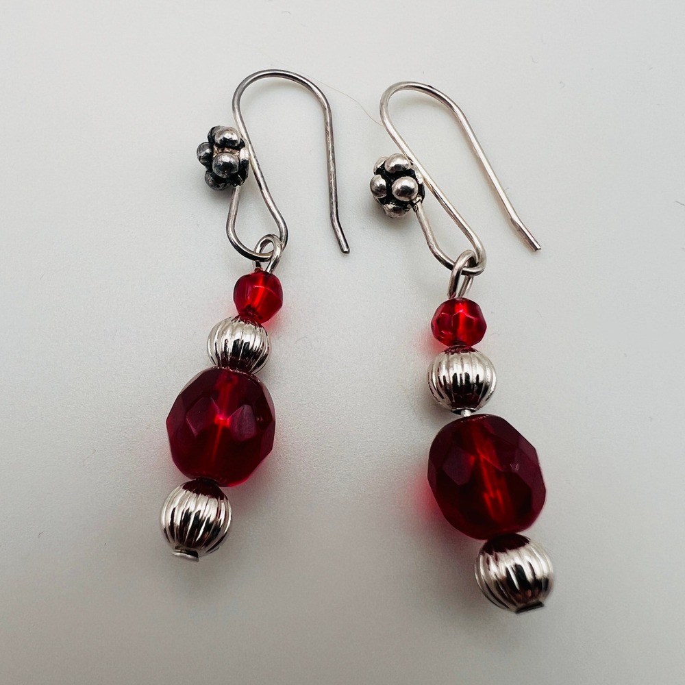 Red Faceted Bead Dangle Earrings Silver Tone Flower Handmade Boho Drop